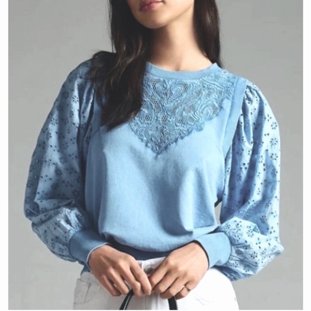 Anthro Pilcro Blue Washed Eyelet Sweatshirt